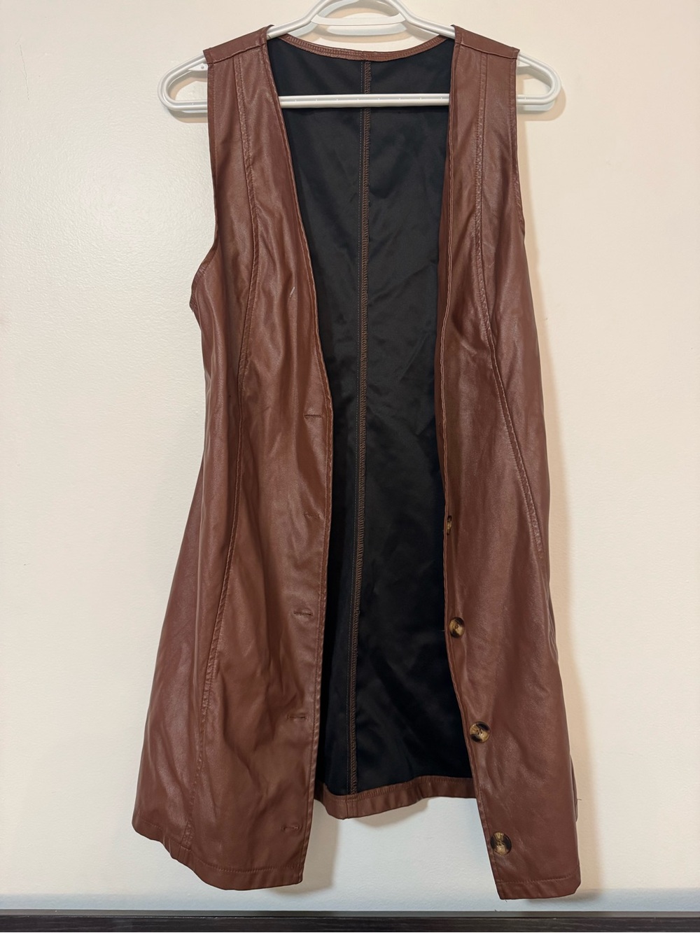 SHEIN Brown Faux Leather Sleeveless Long Vest